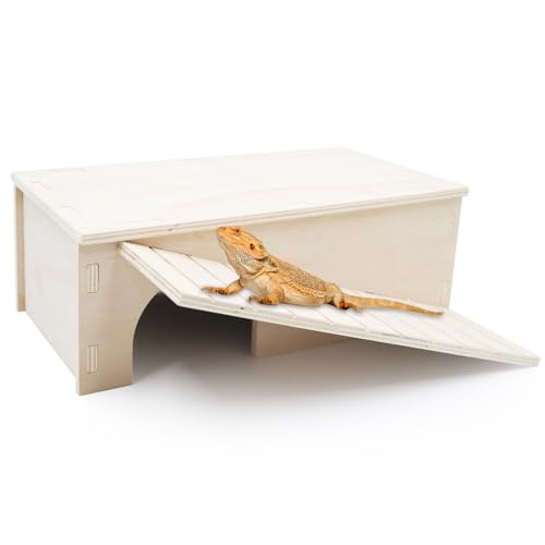 Oooct Bearded Dragon Hide Cave, Wooden Lizard Hideout with Climbing Ramp, Reptile Habitat with Basking Platform, Tank Accessories for Bearded Dragon Lizard Chameleon Hamster 12.9 × 11 × 4.7 Inch - size: 12.9 × 11 × 4.7 Inch