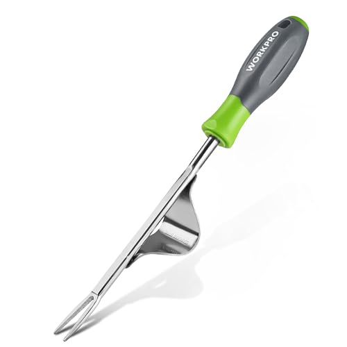 WORKPRO Weed Puller Tool, Metal Leverage Base and V-Shaped Forks | Heavy Duty Stainless Steel with Soft Handle for Easy Weed Removal and Deeper Root Digging, Manual Hand Weeder for Gardening