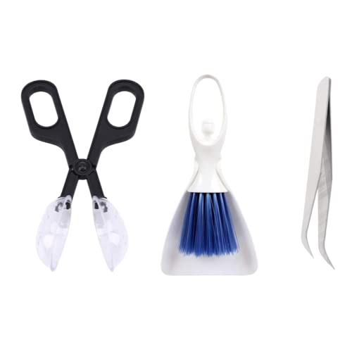Tiny Cleanning Broom, Scoop Feeding Tool,Mini Dustpan and Brush, Stainless Steel Tweezer for Reptile and Other Small Animals Supplies House Bedding 3Pcs (Blake)