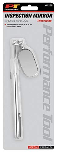 Performance Tool W1258 1-1/4 in. Telescoping Inspection Mirror | Multi-swivel oval head for automotive inspection. Telescopes 5.5 to 28 inches. Chrome-plated shaft - size: Rectangle Inspection Mirror |Extends: 7-1/2 to 28"