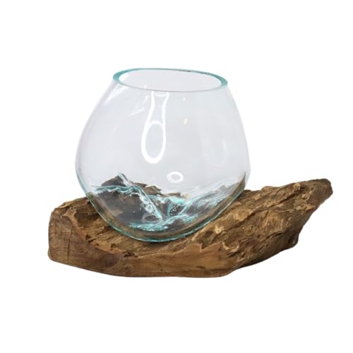 GamalFlow Medium Melted Glass Bowl On Wood Base, Perfect Terrarium or Planter, Brown, About 8" Wide