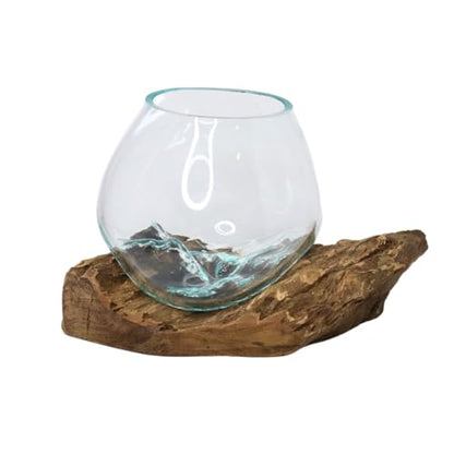 GamalFlow Medium Melted Glass Bowl On Wood Base, Perfect Terrarium or Planter, Brown, About 8" Wide