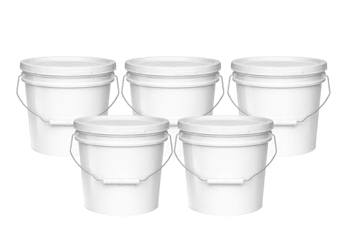 2-Gallon Bucket with Airtight Lid – Made in USA, Food Grade BPA Free Plastic, Heavy Duty Multi-Use, Metal Handle with Grip, Stackable Storage – White, 5 Pack - color: White, size: 5