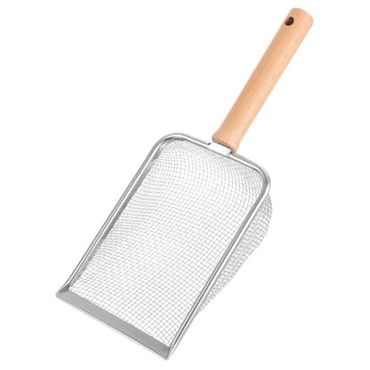 Stainless Steel Cat Litter Scoop with Wood Handle, 2x2mm Mesh Rock Sifter for Reptile and Small Pet Litter Cleaning, Sturdy Home Shovel for Kitten and Hamster Sand Management