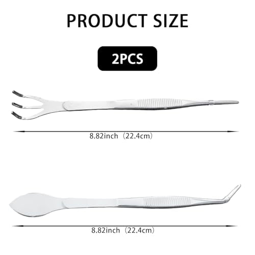 2-in-1 Bonsai Tweezers Set - 8.8" Stainless Steel Long Plant Tweezers with Rake & Spatula Tips, Straight + Curved Tools for Bonsai, Succulents & Terrariums
