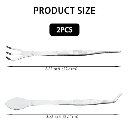 2-in-1 Bonsai Tweezers Set - 8.8" Stainless Steel Long Plant Tweezers with Rake & Spatula Tips, Straight + Curved Tools for Bonsai, Succulents & Terrariums