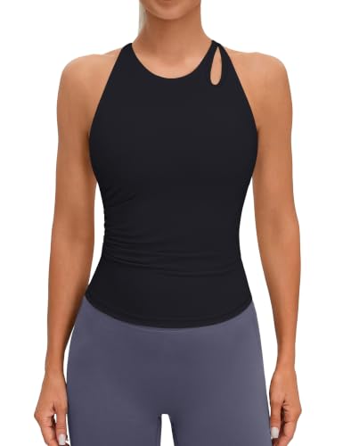BMJL Womens Workout Tops Built in Bra Tank Top Sleeveless Yoga Gym Clothes | Belly ruched, crisscross strappy back, quick dry, slimming athletic wear with shoulder cutout, summer outfits - color: Black, size: Large