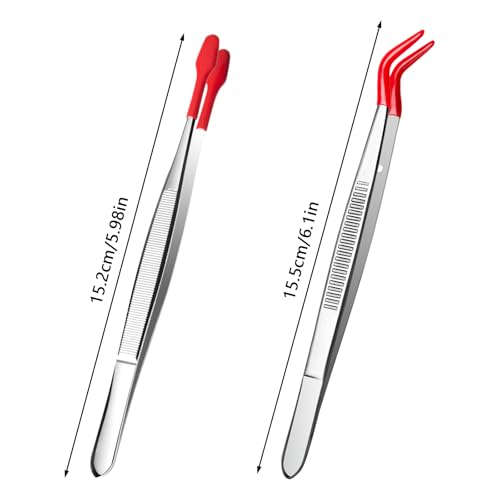 2 Piece Tweezers with Rubber Tips Set, Straight Tip PVC-Coated Precision Tweezers, Rubber Flat Tip Long Bent Tweezers, for Stamps Coins Jewelry Crafts Industrial Electronic Lab