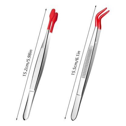 2 Piece Tweezers with Rubber Tips Set, Straight Tip PVC-Coated Precision Tweezers, Rubber Flat Tip Long Bent Tweezers, for Stamps Coins Jewelry Crafts Industrial Electronic Lab