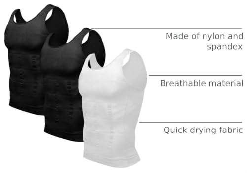 Odoland Men Compression Shirt 3 Pack Body Shaper Vest Tank Top | Nylon & Spandex, Moisture-wicking Tummy Shaper for Gym, Running, Daily, Breathable, Stretchy - color: Black/Black/White, size: X-Large