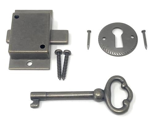 Small Antique Brass Flush Mount Lock for Curio Cabinet Doors or Dresser Drawers & Skeleton Key