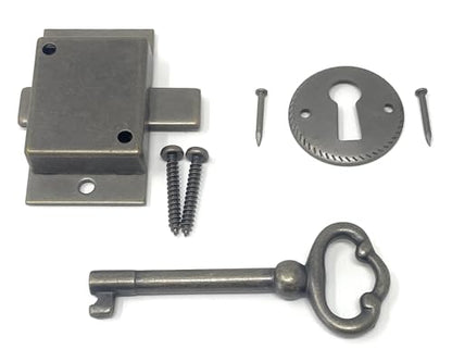 Small Antique Brass Flush Mount Lock for Curio Cabinet Doors or Dresser Drawers & Skeleton Key