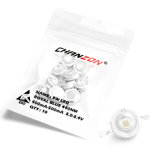 CHANZON 10 pcs High Power Led Chip 3W Royal Blue Plant Grow Light | (450nm / 400mA - 500mA / DC 3V - 3.4V / 3 Watt) SMD COB Emitter Diode Components for DIY Hydroponic Aquarium Growing Lamp - color: N) Royal Blue (440nm)