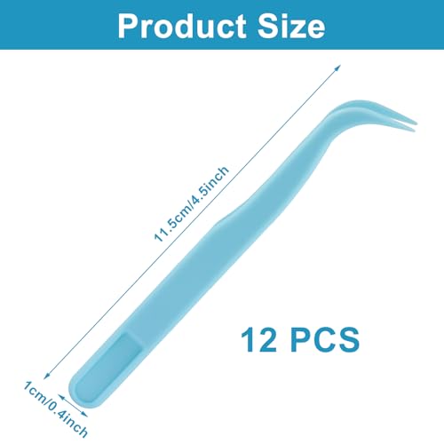 12Pcs Plastic Tweezers, Blue, 4.5 Inch Bent Craft | Craft Tweezers, Bead Tweezer, DIY Jewelry Making, Baking Decoration - color: Blue