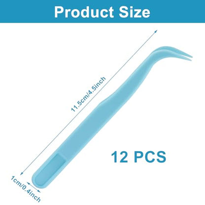 12Pcs Plastic Tweezers, Blue, 4.5 Inch Bent Craft | Craft Tweezers, Bead Tweezer, DIY Jewelry Making, Baking Decoration - color: Blue