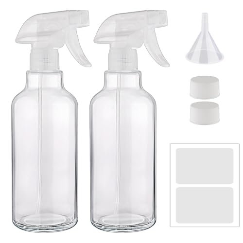 Glass Spray Bottles 16.9oz/500ml 2 Pack Clear Empty Spray Bottle | Mist/Stream Heavy Duty, Water Spraying Bottle, for Cleaning, Cooking Solutions, Hair Care, Including a funnel and two lid - color: C-Transparent