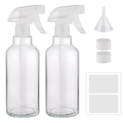 Glass Spray Bottles 16.9oz/500ml 2 Pack Clear Empty Spray Bottle | Mist/Stream Heavy Duty, Water Spraying Bottle, for Cleaning, Cooking Solutions, Hair Care, Including a funnel and two lid - color: C-Transparent