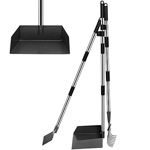 Pooper Scooper for Dogs, Metal Poop Scooper Tray and Rake Set with Adjustable Long Handle, Dog Pooper Scooper for Pet Waste Removal - color: Silver & Black