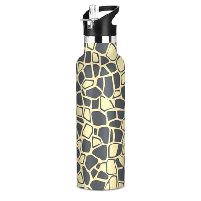 Sports Water Bottle Reptile Skin Black Beige Stainless Steel Beverage Container 20 oz Coffee Cup with Detachable Straw & Leakproof Lid for Office/Travel/Outdoor