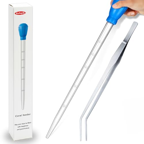 1 Piece Aquarium Coral Feeder with 1 Piece Stainless Steel Feeding Long Tweezers Syringe Spot Coral Feeder Reptile Feeding Tools for Aquatic Plant Reef Anemones Lionfish (Blue, Silvery) - size: 17.7 in Coral Feeder+15 in Tweezers