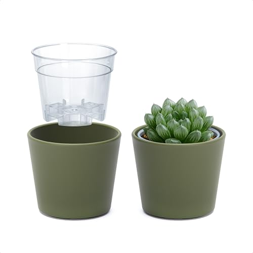 Phoenix Vine 3.5 Inch Olive Plastic Cachepot with Clear Nursery Pot, Decorative Lightweight Planter Cover with Transparent Inner Pot for Indoor Houseplants, Pack of 2, 24-A-F-2 - color: Olive, size: 3.5" (2 Pack)