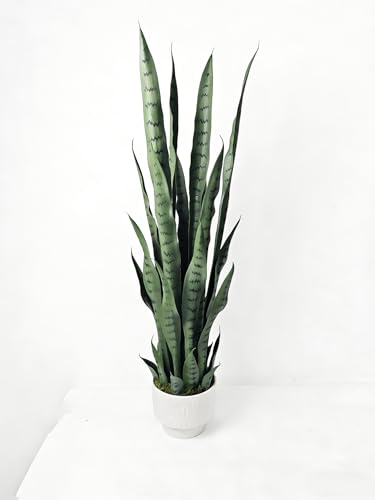 Dayuleaf 3 ft Artificial Sansevieria Plant with White Decorative Pot, Realistic Faux Snake Plant, Green with Dark Green Horizontal Stripes