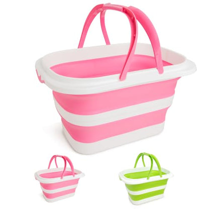Large Collapsible Bucket for Cleaning, 4.2 Gallon (16L) Silicone Bucket with Handle & Hanging Hole, Foldable Space-Saving Mop Bucket for Home, Storage. Car Wash, Camping, Beach (Pink White) - color: Pink White