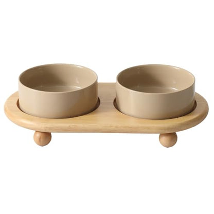 Havniva Raised Cat Bowl 5.1” Elevated Ceramic Cat Food and Water Bowl Set | Cat Bowls Elevated, Whisker Friendly Cat Bowl, Non-Slip Wood Stand, Food-Grade Ceramic, Wide Opening, Dishwasher Safe - color: Greige, size: 2 Bowls+Tray - 5.1"