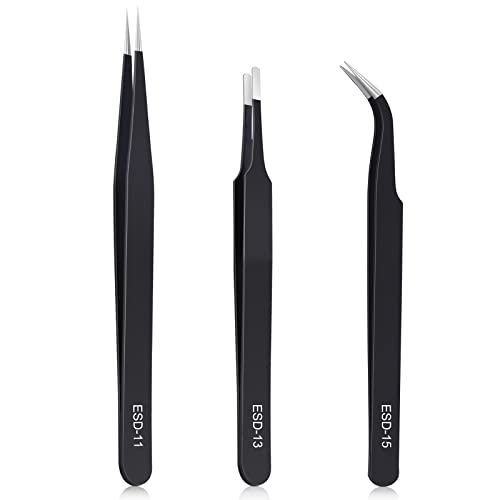 kaverme 3PCS Precision Tweezers Set, Upgraded Anti-Static Stainless Steel | Tweezers for Electronics, Soldering, Laboratory Work, Jewelry-Making, Model, Craft