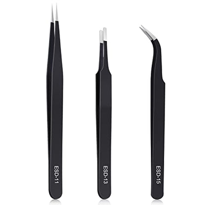 kaverme 3PCS Precision Tweezers Set, Upgraded Anti-Static Stainless Steel | Tweezers for Electronics, Soldering, Laboratory Work, Jewelry-Making, Model, Craft