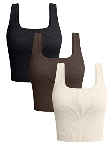 OQQ Women's 3 Piece Tank Tops Ribbed Seamless Workout Exercise Shirts 2025 Summer Basic Camis - color: Black Darkbrown Beige, size: Medium
