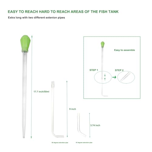 50ml Manual Coral Fish Feeder/Water Changer/Waste Remover with 2pcs Extension Pipes, Fecsam 17.7inch Aquarium Clean Tool for Fish Tank Cleaning, Aquatic Pipette Dropper, Gravel Cleaner Siphon