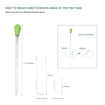 50ml Manual Coral Fish Feeder/Water Changer/Waste Remover with 2pcs Extension Pipes, Fecsam 17.7inch Aquarium Clean Tool for Fish Tank Cleaning, Aquatic Pipette Dropper, Gravel Cleaner Siphon