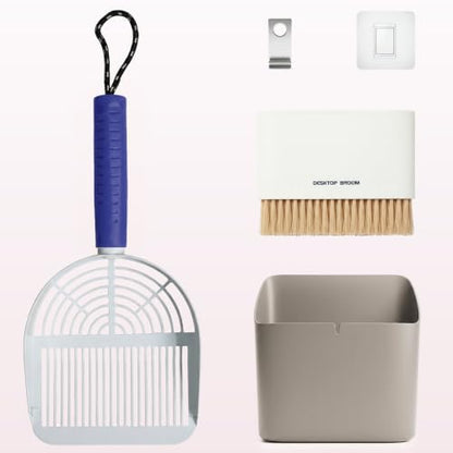 Cat Litter Scoop with Holder, 3 in 1 Metal Kitty Scooper | Heavy Duty Deep Litter Sifter with Dustpan & Mini Broom, Dual Coarse & Fine Grid, Quick Sift, Universal for All Cat Litter - color: Dark Blue, size: Large