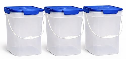 4 Gallon Square Food Grade Bucket Pail with Plastic Handles and Lid (Pack of 3) Made in USA containers (Clear - Blue lids) - color: Clear - Blue Lids
