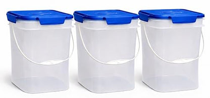 4 Gallon Square Food Grade Bucket Pail with Plastic Handles and Lid (Pack of 3) Made in USA containers (Clear - Blue lids) - color: Clear - Blue Lids