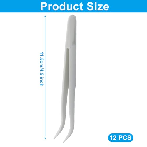 Coufce 12pc White Plastic Tweezers, 4.5 Inch Bent | DIY Jewelry Making, Crafts, Baking Decoration, Reptile Feeding & Bead Craft Tools