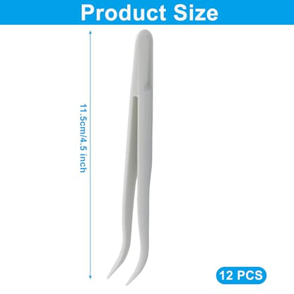Coufce 12pc White Plastic Tweezers, 4.5 Inch Bent | DIY Jewelry Making, Crafts, Baking Decoration, Reptile Feeding & Bead Craft Tools