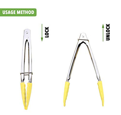 HINMAY 7-Inch Mini Tongs with Silicone Tips, Set of 3 (Yellow) | 7-Inch Small Serving Tongs - color: Yellow