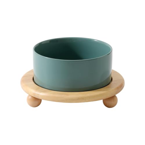 Havniva Raised Cat Bowl 6.1” Elevated Ceramic Cat Food and Water Bowl | Cat Bowls Elevated, Whisker Friendly Cat Bowl, Non-Slip Wood Stand, Food-Grade Ceramic, Wide Opening, Dishwasher Safe - color: Dark Green, size: Bowl+Tray - 6.1"