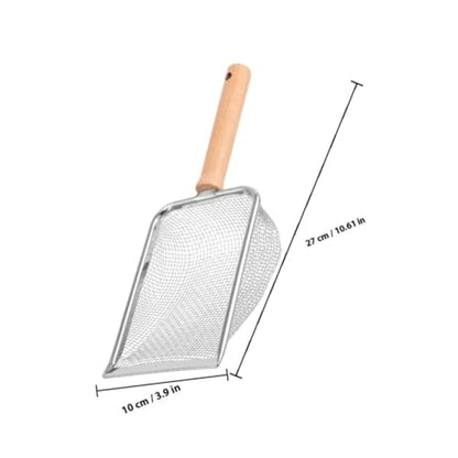 Stainless Steel Cat Litter Scoop with Wood Handle, 2x2mm Mesh Rock Sifter for Reptile and Small Pet Litter Cleaning, Sturdy Home Shovel for Kitten and Hamster Sand Management