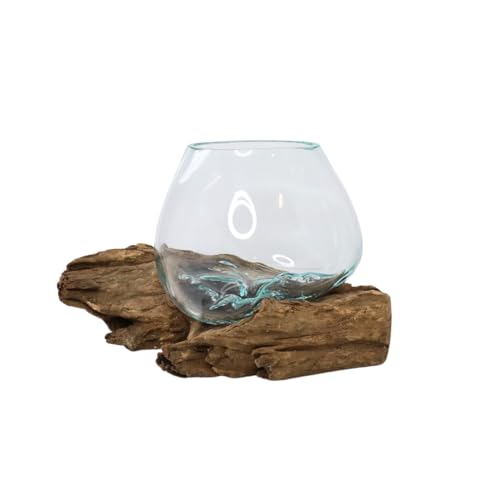 GamalFlow Medium Melted Glass Bowl On Wood Base, Perfect Terrarium or Planter, Brown, About 8" Wide