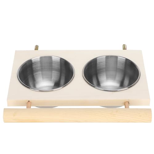 Bird Food Stainless Steel Cups, Parrots Feeding Dish Cups with Wooden Platform, Stainless Steel Food Water Feeder Cage Accessory with StandDouble Bowl