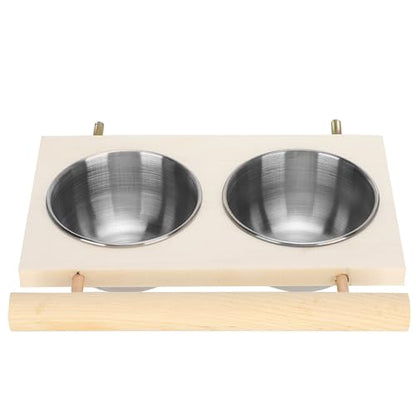 Bird Food Stainless Steel Cups, Parrots Feeding Dish Cups with Wooden Platform, Stainless Steel Food Water Feeder Cage Accessory with StandDouble Bowl