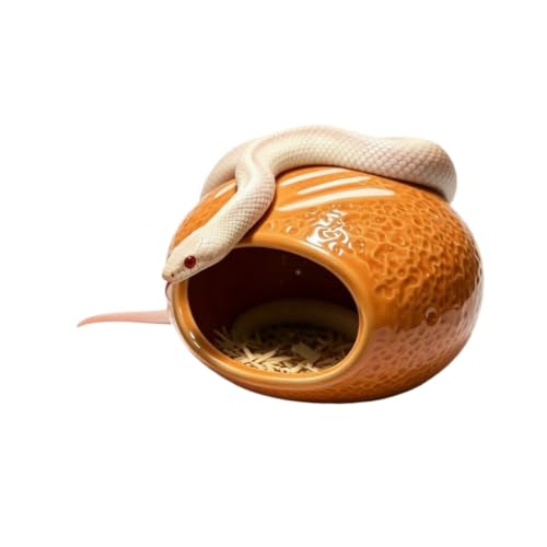 Ceramic Reptile Hide Cave - Cooling Hideout and Terrarium Decor (Orange) | Cooling ceramic hide cave for snakes & geckos.Textured embossed design provides stress-relief & enhances terrarium decor - color: Orange