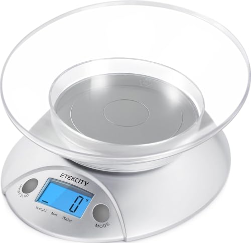 Etekcity Food Kitchen Scale with Bowl, 11lb/5kg, Grams and Ounces | Removable bowl with tare, backlit display, ideal for baking, meal prep, dieting and weight loss - color: Stainless Steel-Gray