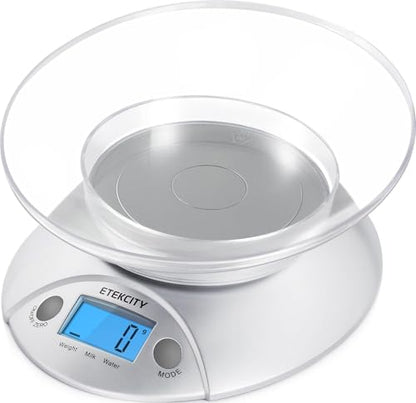 Etekcity Food Kitchen Scale with Bowl, 11lb/5kg, Grams and Ounces | Removable bowl with tare, backlit display, ideal for baking, meal prep, dieting and weight loss - color: Stainless Steel-Gray