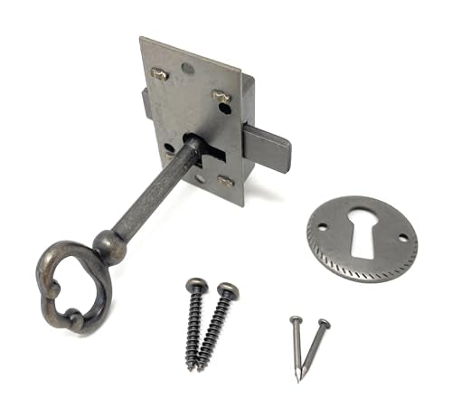 Small Antique Brass Flush Mount Lock for Curio Cabinet Doors or Dresser Drawers & Skeleton Key