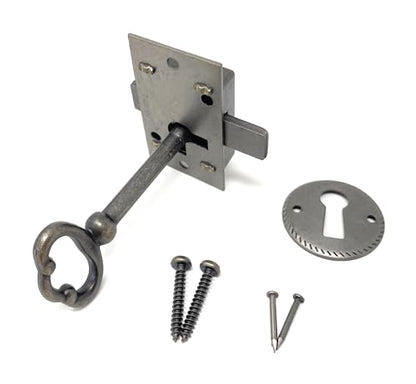 Small Antique Brass Flush Mount Lock for Curio Cabinet Doors or Dresser Drawers & Skeleton Key