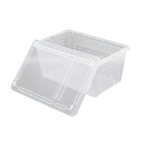Portable Reptile Feeding Box | 2 Pack Transparent Plastic Enclosure with Ventilation Dual Opening for Bearded Dragon Lizard Spider Transport Container (L)